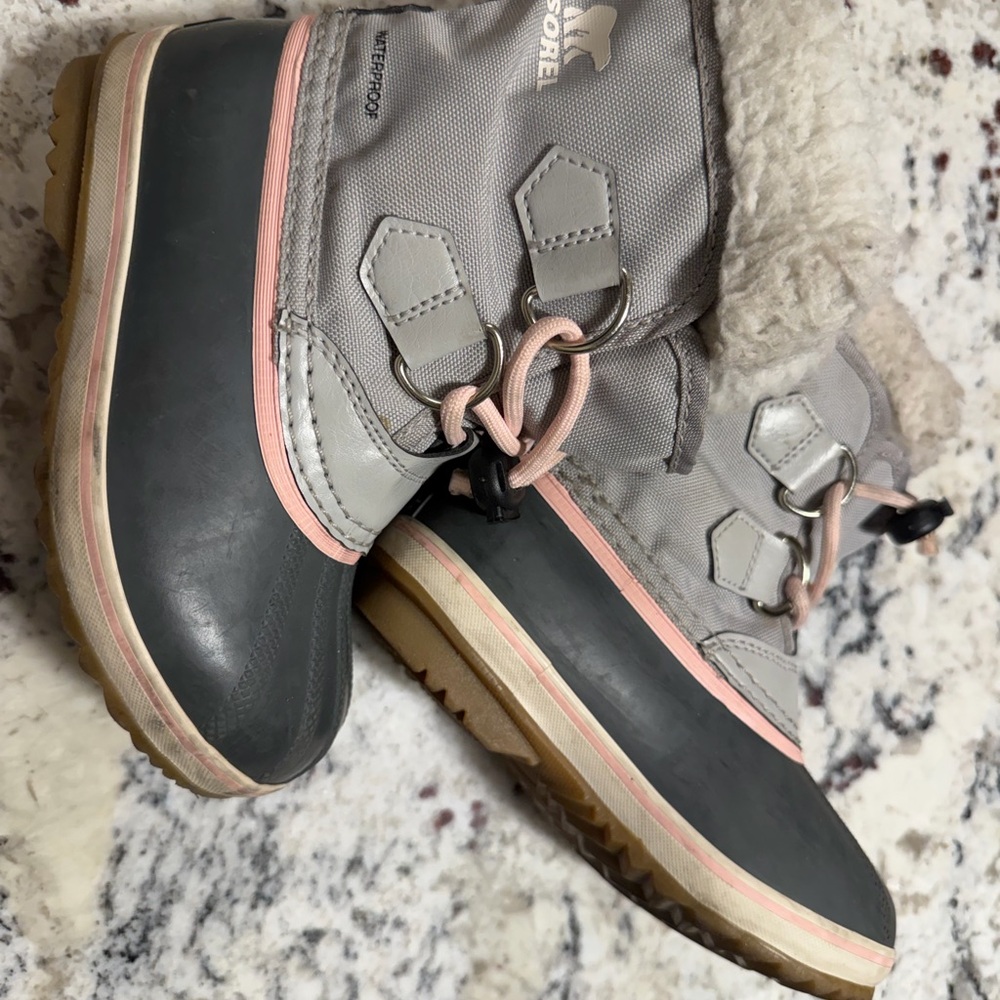 Gray and Pink Sorel Winter Boots